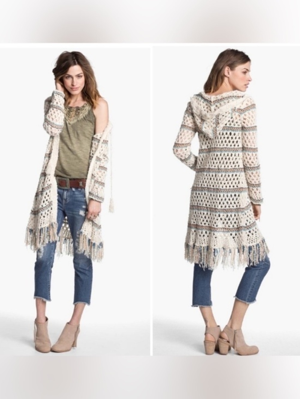 Free People Crochet Hooded Cardigan Duster, Size Medium